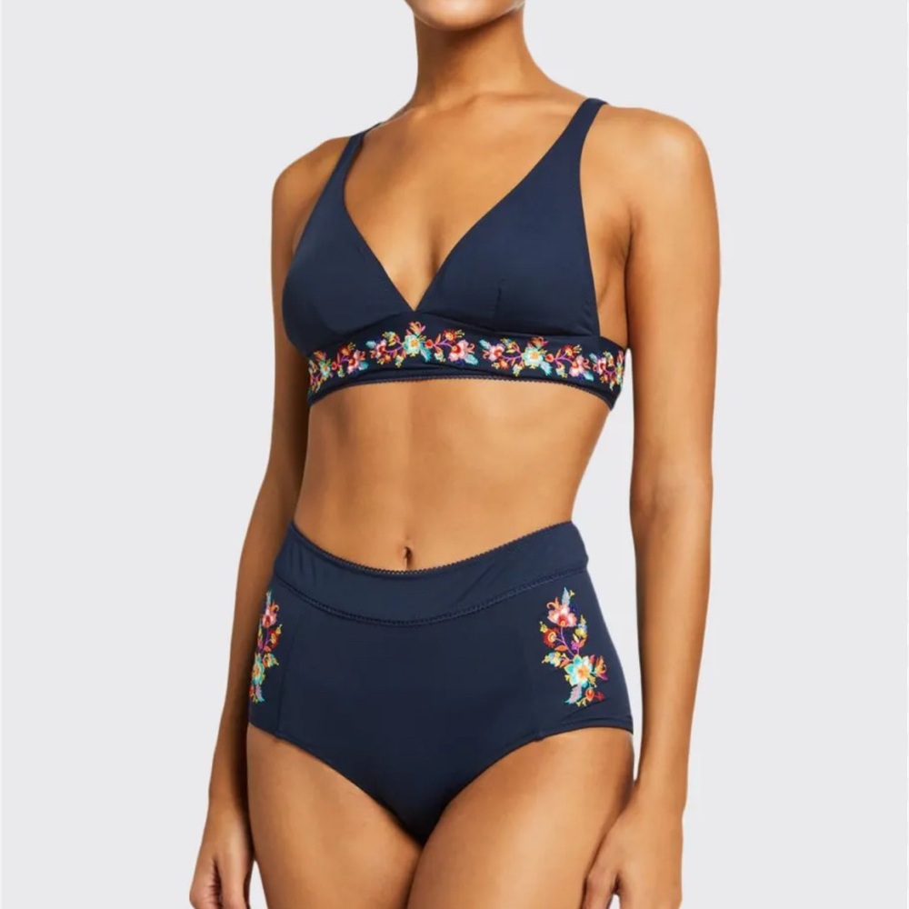 Johnny Was Navy Bikini Top & bottom see pics  Floral Embroidery